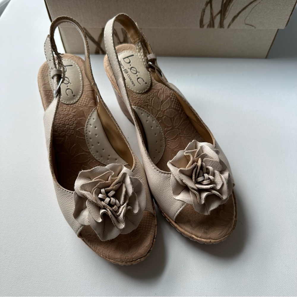 Floral Cream Leather Slingback Wedge Sandals